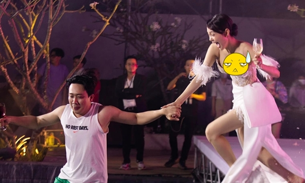 Trấn Thành khiến Minh Hằng suýt lộ trọn ngực trong đám cưới