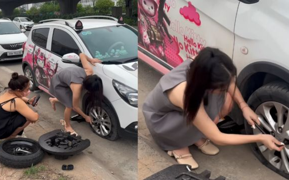 Nữ tài xế VinFast Fadil tự thay bánh xe gây sốt: 