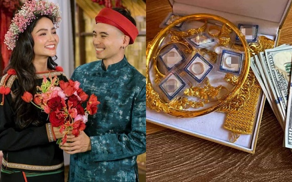 Chồng Hoa hậu Vbiz khoe vòng và nhẫn vàng đeo trĩu cả tay sau đám cưới bí mật không một ai hay biết