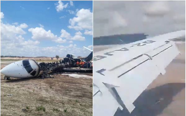 Máy bay chở một bộ trưởng cùng khoảng 20 người khác trượt khỏi đường băng, gần như cháy thành tro