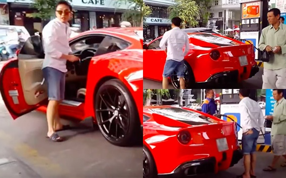 Cường Đô la đi đổ xăng cho siêu xe, gặp người bán vé số và hành động sau đó cực đáng mặt đại gia