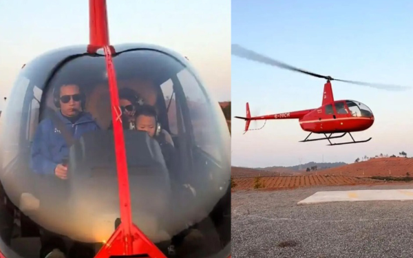 Chồng lái trực thăng đưa vợ con về quê đón Tết, 80km chỉ mất 15 phút