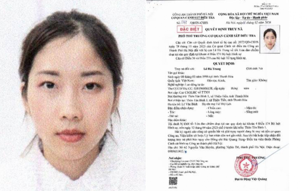 Truy nã đặc biệt Lê Hà Trang SN 1996