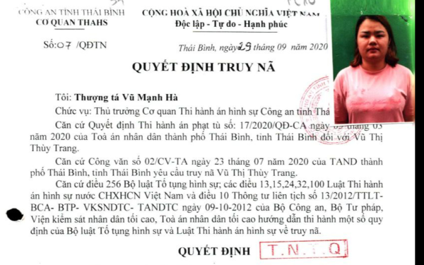 Công an phát lệnh truy nã Vũ Thị Thùy Trang SN 1998