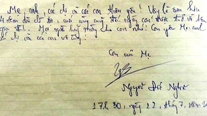 Tử tù Nghĩa viết gì trong lá thư trước giờ thi hành án